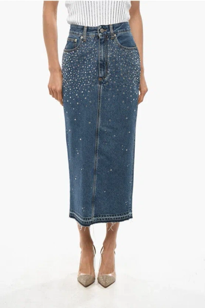 Alessandra Rich Denim Pencil Dress With Rhinestones In Blue