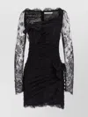 Alessandra Rich Draped Lace Mini Dress With Plunging Neckline In Black
