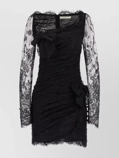 ALESSANDRA RICH DRAPED DRESS WITH BOW ACCENTS AND LACE DETAILING