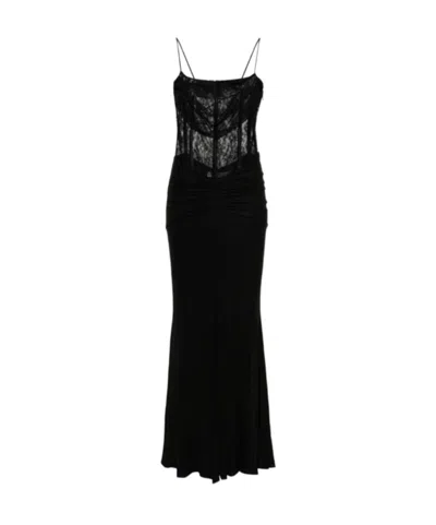 ALESSANDRA RICH DRAPED LACE-PANEL MAXI DRESS