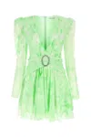 Alessandra Rich Gathered Crystal-embellished Printed Silk-georgette Mini Dress In Green