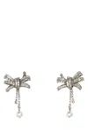 Alessandra Rich Metal Bow Earrings With Crystal And Pearl In Metallic
