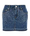 Alessandra Rich Embellished Frayed Hem Denim Mini Skirt In Blue
