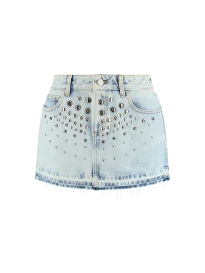 Alessandra Rich Embellished Frayed Hem Mini Denim Skirt In Blue