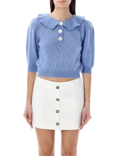 Alessandra Rich Embellished Short Puff Sleeved Knitted Top In Blue