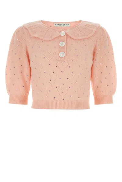 Alessandra Rich Embellished Short Puff Sleeved Knitted Top In Pink