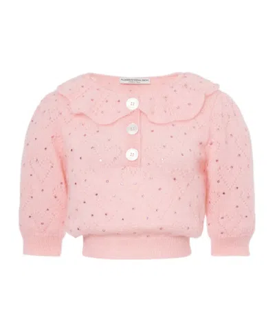 Alessandra Rich Embellished Short Puff Sleeved Knitted Top In Pink