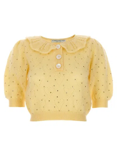 Alessandra Rich Embellished Short Puff Sleeved Knitted Top In Yellow