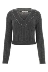 Alessandra Rich Wool Knit Sweater With Studs And Crystals In Grey