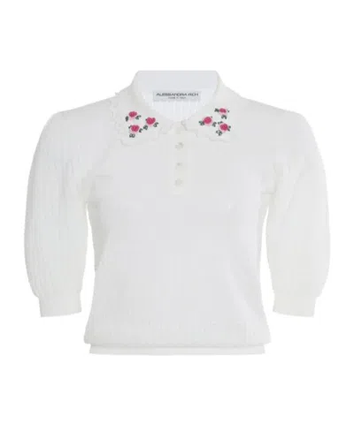 Alessandra Rich Embroidery Knitted Polo Shirt In White