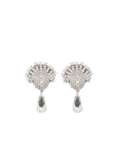 Alessandra Rich Fan-shaped Fully Encrusted Teardrop Drop Earrings In Metallic
