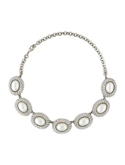 Pre-owned Alessandra Rich Faux Pearl & Crystal Choker Necklace, 17" In Clear/white