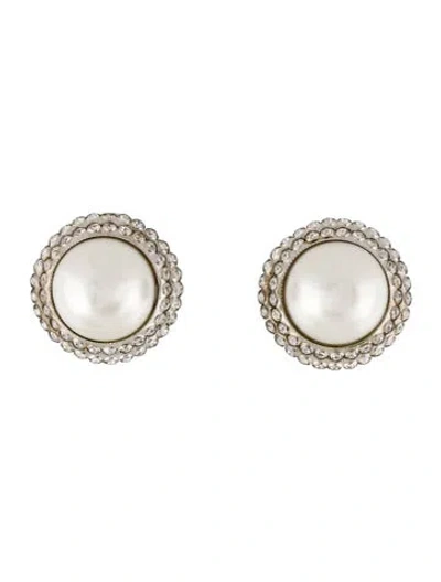 Pre-owned Alessandra Rich Faux Pearl & Crystal Clip-on Earrings In White