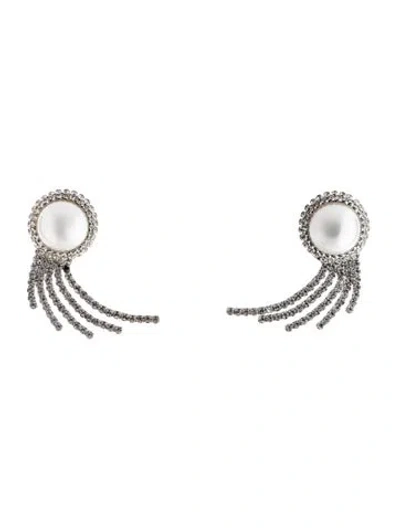 Pre-owned Alessandra Rich Faux Pearl & Crystal "comet" Drop Clip On Earrings In White