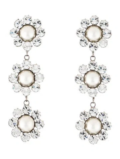 Pre-owned Alessandra Rich Faux Pearl & Crystal Daisy Clip-on Drop Earrings In Clear/white