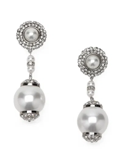 Alessandra Rich Silvertone Clip Earrings With Pearl And Crystal Pendant In White