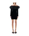 Alessandra Rich Feathered Off-the-shoulder Velvet Dress In Black