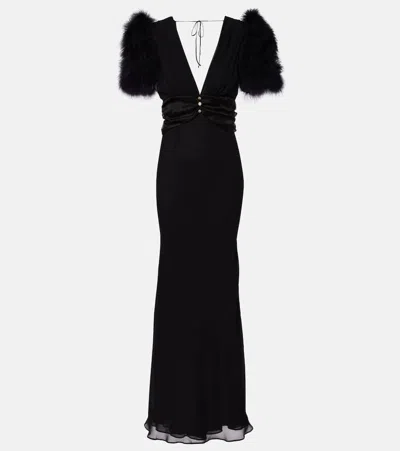 Alessandra Rich Feather-trimmed Silk Georgette Gown In Black
