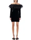 Alessandra Rich Feathered Off-the-shoulder Velvet Dress In Black