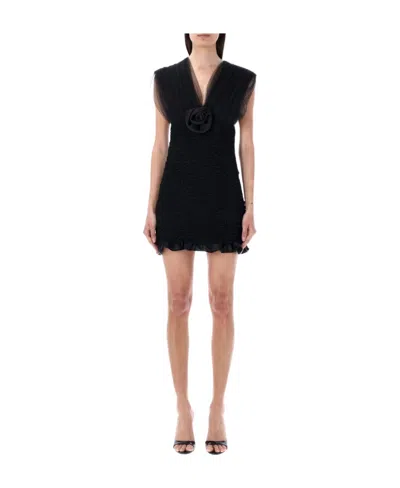 Alessandra Rich Appliquéd Shirred Silk-satin And Tulle Mini Dress In Black