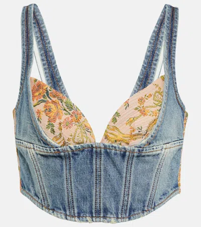 Alessandra Rich Floral Cropped Denim Bustier Top In Blue