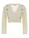 Alessandra Rich Cropped Mohair V-neck Cardigan With Long Sleeves In White