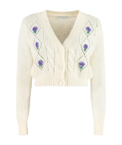 Alessandra Rich Floral-embroidered Wool Cardigan In White