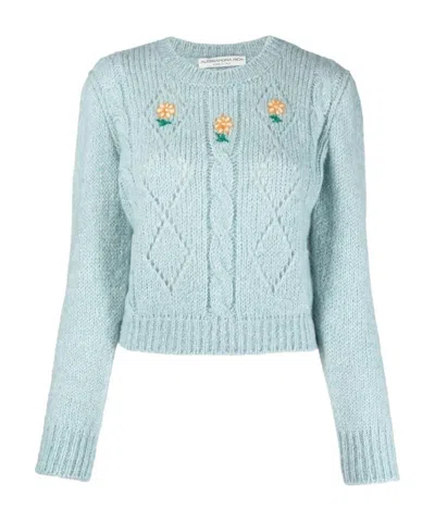 Alessandra Rich Floral Embroidery Cable-knit Jumper In Blue