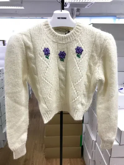 Alessandra Rich Floral Embroidery Cable-knit Jumper In Nude
