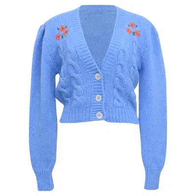 Alessandra Rich Floral Embroidery Cropped Cardigan In Blue Alpaca Wool