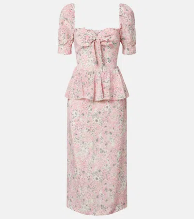 Alessandra Rich Floral Peplum Silk Midi Dress In Pink