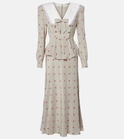 Alessandra Rich Floral Polka-dot Silk Maxi Dress In Gray