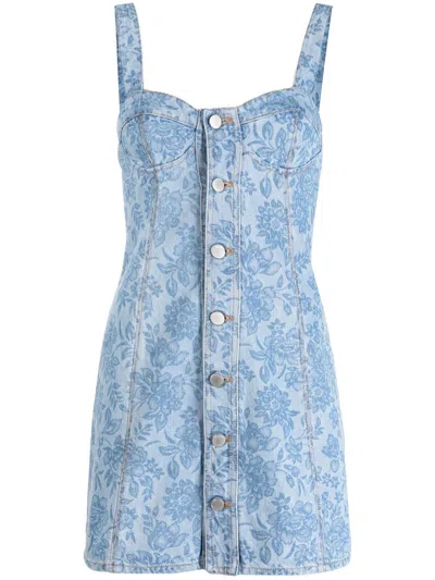 Alessandra Rich Flower Print Button-up Denim Mini Dress In Light Blue |  ModeSens