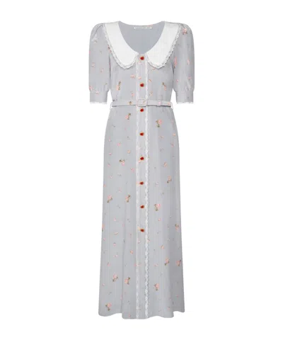 Alessandra Rich Belted Floral-print Lace-trimmed Silk-crepe De Chine Midi Dress In Purple