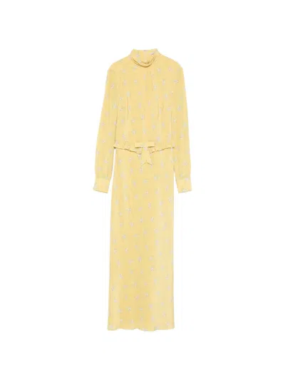 Alessandra Rich Ruffled Bow-detailed Floral-print Silk Crepe De Chine Midi Dress In Yellow