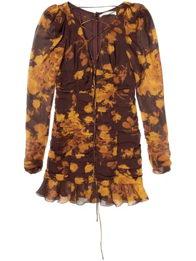 Alessandra Rich Floral Silk Georgette Minidress In Brown