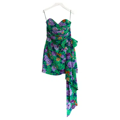 Pre-owned Alessandra Rich Floral Print Silk Mini Dress With Sweetheart Neckline In Blue