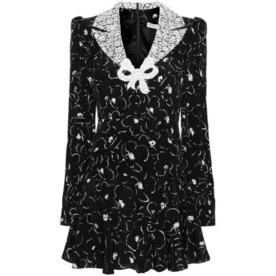 Alessandra Rich Floral Print Silk Short Dress In Black