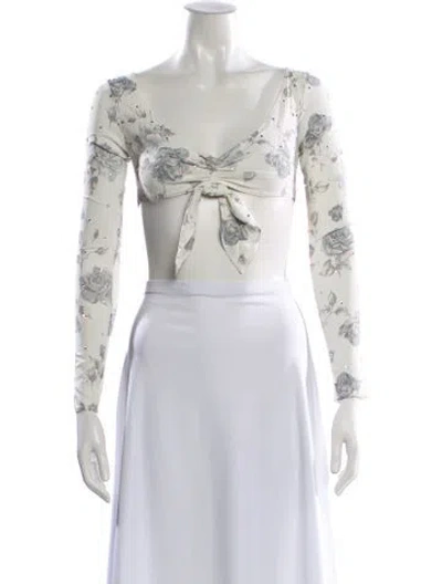 Pre-owned Alessandra Rich Floral Print V-neck Crop Top W/ Tags In White