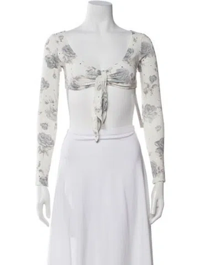 Pre-owned Alessandra Rich Floral Print V-neck Crop Top W/ Tags In White