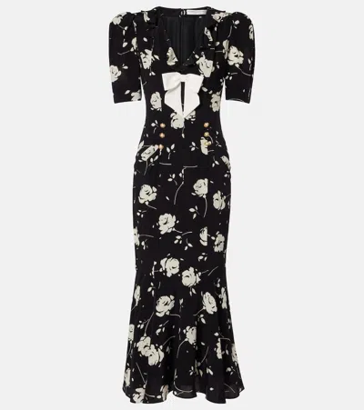 Alessandra Rich Floral Printed Silk Midi Dress In Black