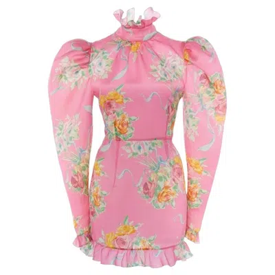 Pre-owned Alessandra Rich Floral Puff-sleeve Silk Mini Dress It42 Us6 In Sand