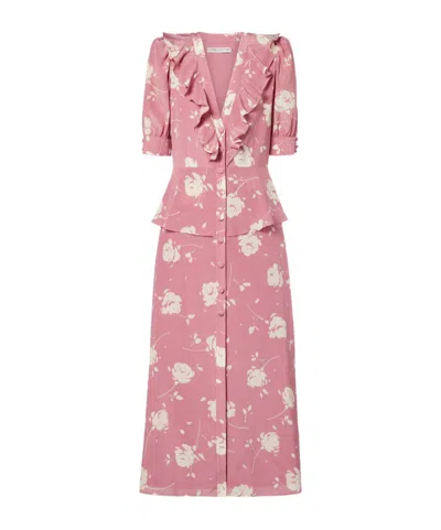 Alessandra Rich Floral Ruffled Silk Midi Dress In Pink