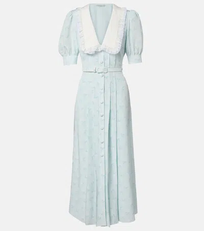 Alessandra Rich Floral Silk Midi Dress In Blue