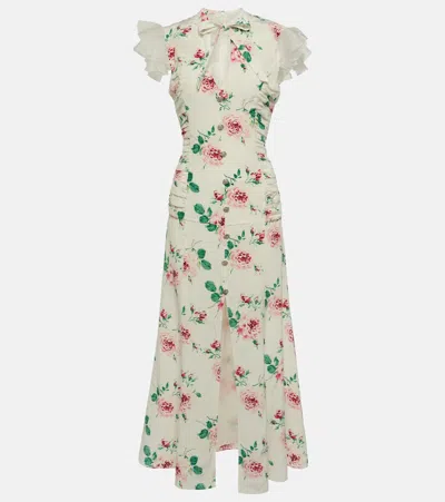 Alessandra Rich Floral Silk Midi Dress In White