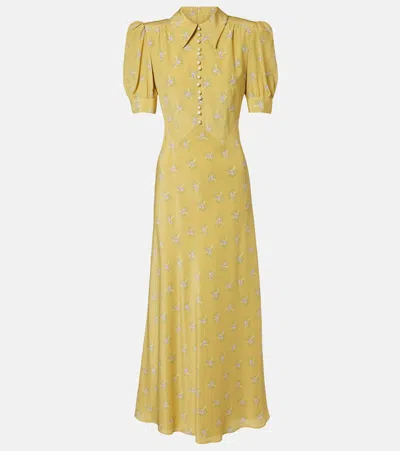Alessandra Rich Floral Silk Midi Dress In Yellow