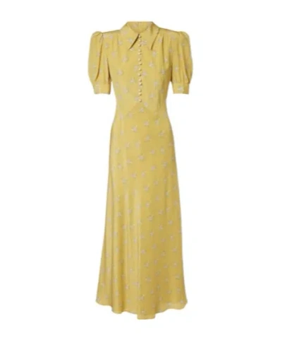Alessandra Rich Floral Silk Midi Dress In Yellow