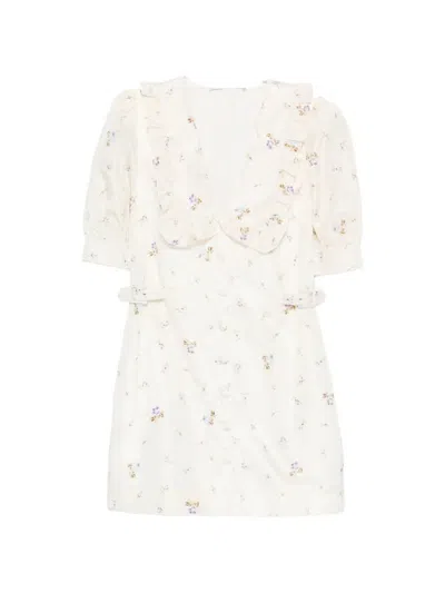 Alessandra Rich Belted Waist Floral Dress Puff Sleeves In White