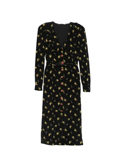 Alessandra Rich Belted Ruffled Floral-print Silk-crepe Midi Dress In Black