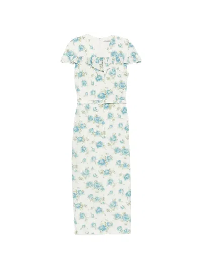 Alessandra Rich Belted Floral-print Ruffle-trim Silk-crepe Midi Dress In Blue
